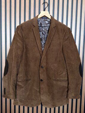 Adolfo Suit Jacket 40R Mens Tan Corduroy Elbow Patch 2 Button Luxury Cotton